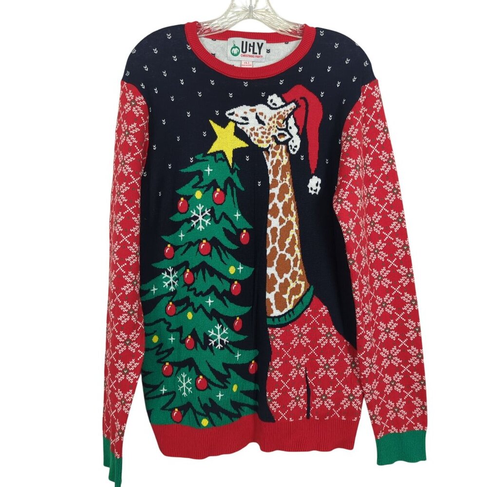 Ugly Christmas Party Giraffe Mens Sweater Sz L Holidays Starry Sky Snowflakes